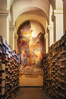 Ancient Library in Santa Chiara Monastery, Naples, Campania, Italy