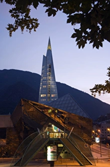 Andorra Andorra La Vella Hot Spring Complex Caldea lit up in the evening Andorra Andorra La Vella Hot Spring Complex Caldea lit up in the evening