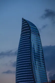 Azerbaijan, Baku, View of one of the three Flame Towers at dusk Azerbaijan, Baku, View of one of the three Flame Towers at dusk