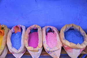 Images Dated 24th December 2013: Bags Of Powdered Pigment To Make Paint, Chefchaouen, Morocco, North Africa