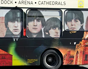 Beatles famous four on a bus in Liverpool, Merseyside, UK Beatles famous four on a bus in Liverpool, Merseyside, UK