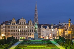 Belgium, Brussels, Mont des Arts, city skyline with Hotel de Ville tower, dawn Belgium, Brussels, Mont des Arts, city skyline with Hotel de Ville tower, dawn