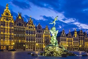 Grote Markt Gallery: Belgium, Flanders, Antwerp (Antwerpen). Medieval guild houses and statue of Silvius