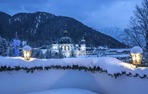 Assumption Of Mary Gallery: Benedictine Abbey Ettal at the blue hour, Ettal, Upper Bavaria, Bavaria, Germany