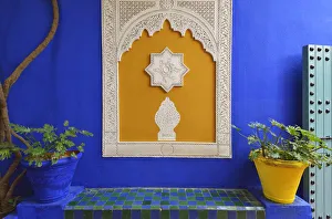The blue and yellow contrast found in the Majorelle garden. Marrakech, Morocco The blue and yellow contrast found in the Majorelle garden. Marrakech, Morocco