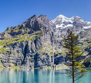 Boat trip around Lake Oeschinensee Bernese Oberland Kandersteg Canton of Bern Switzerland Boat trip around Lake Oeschinensee Bernese Oberland Kandersteg Canton of Bern Switzerland