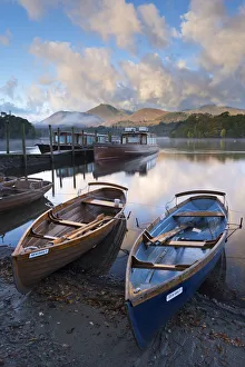 Prints of Boats on Derwent Water near Friars Crag, Keswick, Lake District, Cumbria, England. Autumn (October) Lake Prints: Derwent Water Print, Autumnal Boats on Lake