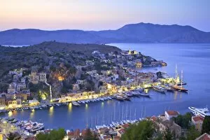 Neil Farrin Gallery: Boats In Symi Harbour From Elevated Angle At Dusk, Symi, Dodecanese, Greek Islands
