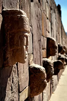 Images Dated 10th December 2012: Bolivia, Tiahuanaco Ruins, Semi-Subterranean Temple Wall, Sculptured Stone Tenon-Heads