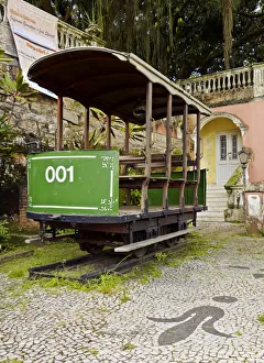 Brazil, City of Rio de Janeiro, Santa Teresa, View of an old tram in front of the Brazil, City of Rio de Janeiro, Santa Teresa, View of an old tram in front of the