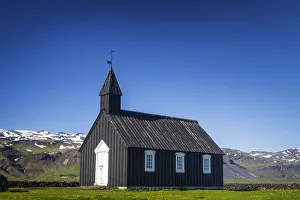 Buoakirkja Black Church in Budir against clear blue sky, Snaefellsness Peninsula Buoakirkja Black Church in Budir against clear blue sky, Snaefellsness Peninsula