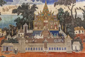 Cambodia, Phnom Penh, the Silver Pagoda, scene from wall mural depicting the Indian Cambodia, Phnom Penh, the Silver Pagoda, scene from wall mural depicting the Indian