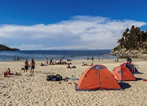 Camping on the Challa Pampa Beach, Island of the Sun, Titicaca Lake, La Paz Department Camping on the Challa Pampa Beach, Island of the Sun, Titicaca Lake, La Paz Department