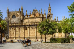 Carriage at Plaza del Triunfo with Cathedral, UNESCO World Heritage Site; Sevilla Carriage at Plaza del Triunfo with Cathedral, UNESCO World Heritage Site; Sevilla