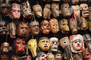 Images Dated 22nd May 2013: Carved masks for sale in Chichicastenango, Guatemala, Central America