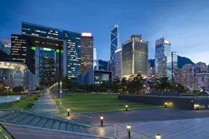 Central Government Offices and Tamar Park at dusk, Admiralty, Hong Kong Island, Hong Kong Central Government Offices and Tamar Park at dusk, Admiralty, Hong Kong Island, Hong Kong