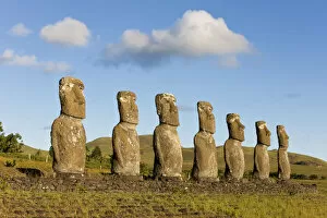 Images Dated 30th June 2008: Chile, Rapa Nui, Easter Island, row of monolithic stone Moai statues known as Ahu Akivi