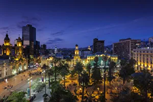 Chile, Santiago, Plaza de Armas and Metropolitan Cathedral, elevated view, dusk Chile, Santiago, Plaza de Armas and Metropolitan Cathedral, elevated view, dusk