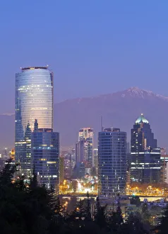 Chile, Santiago, Twilight view from the Parque Metropolitano towards the high raised Chile, Santiago, Twilight view from the Parque Metropolitano towards the high raised