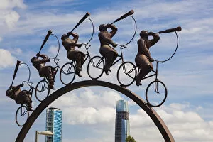 Images Dated 4th July 2013: Chile, Santiago, Vitacura area, Parque Bicentenario park, bicyclist sculpture