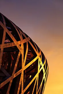 China, Beijing, Olympic park and famous bird's nest stadium made of steel illuminated China, Beijing, Olympic park and famous bird's nest stadium made of steel illuminated