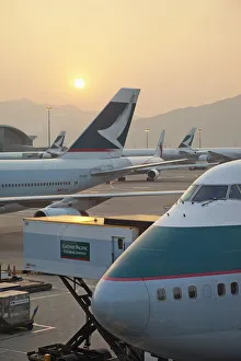 China, Hong Kong, Hong Kong International Airport, Cathay Pacific 747 Aircraft on Tarmac China, Hong Kong, Hong Kong International Airport, Cathay Pacific 747 Aircraft on Tarmac