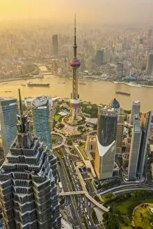 Images Dated 14th October 2013: China, Shanghai, View over Pudong Financial District, Huangpu River beyond