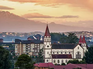 Church and Calbuco Volcano at sunset, Puerto Varas, Llanquihue Province, Los Lagos Region Church and Calbuco Volcano at sunset, Puerto Varas, Llanquihue Province, Los Lagos Region