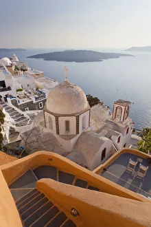 Church & Fira town at sunset, Fira, Santorini (Thira), Cyclades, Greece Church & Fira town at sunset, Fira, Santorini (Thira), Cyclades, Greece