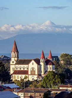 Church and Osorno Volcano, elevated view, Puerto Varas, Llanquihue Province, Los Lagos Church and Osorno Volcano, elevated view, Puerto Varas, Llanquihue Province, Los Lagos