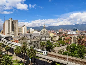 City Center Skyline with Metro Line and Rafael Uribe Uribe Palace of Culture, elevated City Center Skyline with Metro Line and Rafael Uribe Uribe Palace of Culture, elevated