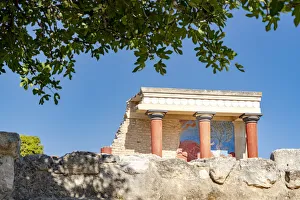 Colonnade in the north entrance of the Knossos Palace with bull fresco, Heraklion, Crete Colonnade in the north entrance of the Knossos Palace with bull fresco, Heraklion, Crete
