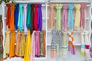 Colourful scarves for sale, Chora (Mykonos Town), Mykonos, Cyclades Islands, Greece Colourful scarves for sale, Chora (Mykonos Town), Mykonos, Cyclades Islands, Greece