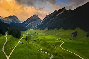 Colourful sunrise in the valley, Canton of Appenzell, Alpstein, Switzerland, Europe