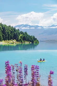 A coupld of asiasn riding the kayak in Tekapo lake on a sunny day with lupins in bloom A coupld of asiasn riding the kayak in Tekapo lake on a sunny day with lupins in bloom