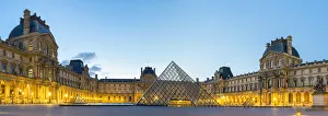 Courtyard and glass pyramid of the Louvre Museum at sunrise, Paris, Ile-de-France Courtyard and glass pyramid of the Louvre Museum at sunrise, Paris, Ile-de-France