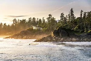 Surfing Collection: Cox Bay beach and surfers at sunset, Tofino, British Columbia, Vancouver Island, Canada