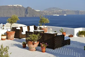 Deck at resort in oia, Santorini, Kyclades, South Aegean, Greece, Europe Deck at resort in oia, Santorini, Kyclades, South Aegean, Greece, Europe