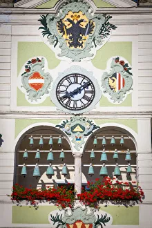 Decorative facade of Gmundens Town Hall (Rathaus), Gmunden, Salzkammergut, Upper Decorative facade of Gmundens Town Hall (Rathaus), Gmunden, Salzkammergut, Upper
