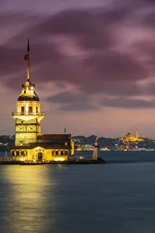 View Collection: Dusk view over Maidens Tower or Kiz Kulesi, Uskudar, Istanbul, Turkey