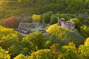 Early morning aerial vista of Okehampton Castle, Okehampton, Devon, England Early morning aerial vista of Okehampton Castle, Okehampton, Devon, England