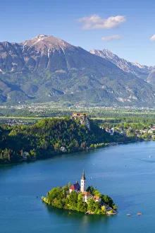 Elevated view over Bled Island with the Church of the Assumption, Lake Bled, Bled Elevated view over Bled Island with the Church of the Assumption, Lake Bled, Bled