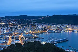 Elevated view over central Wellington illuminated at dusk, Wellington, North Island Elevated view over central Wellington illuminated at dusk, Wellington, North Island