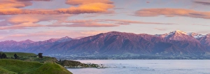 Elevated view over dramatic landscape illuminated at sunrise, Kaikoura, South Island Elevated view over dramatic landscape illuminated at sunrise, Kaikoura, South Island