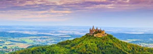 Images Dated 25th August 2014: Elevated view towards Hohenzollern Castle & surrounding countryside at sunrise, Swabia