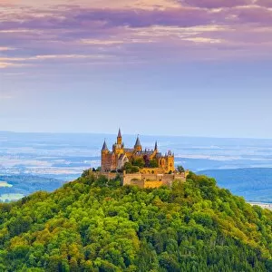 Images Dated 25th August 2014: Elevated view towards Hohenzollern Castle & surrounding countryside at sunrise, Swabia