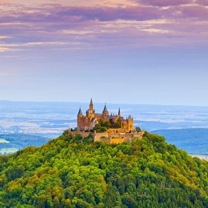 Images Dated 25th August 2014: Elevated view towards Hohenzollern Castle & surrounding countryside at sunrise, Swabia