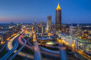 Elevated view over Interstate 85 passing the Midtown Atlanta skyline, Georgia, United Elevated view over Interstate 85 passing the Midtown Atlanta skyline, Georgia, United