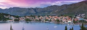Elevated view over picturesque harbor town of Cavtat illuminated at sunset, Cavtat Elevated view over picturesque harbor town of Cavtat illuminated at sunset, Cavtat