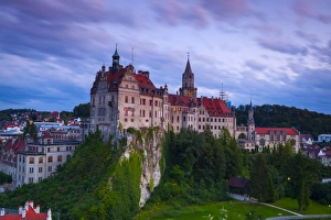 Elevated view towards Sigmaringen Castle illuminated at dusk, Swabia, Baden Wurttemberg Elevated view towards Sigmaringen Castle illuminated at dusk, Swabia, Baden Wurttemberg